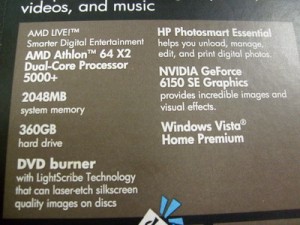 Label on the side of this computer showing hardware specifications