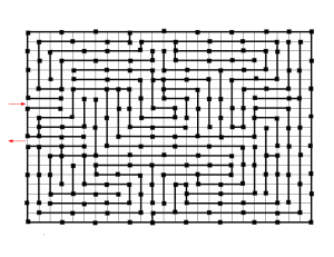 The master plan for the caution tape maze, showing wall and stake placement