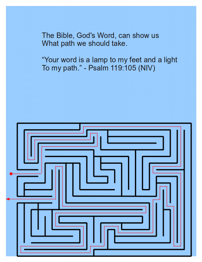 The second page of the handout, showing the correct path to take through the maze, just like the Bible tells us the path to take through life.