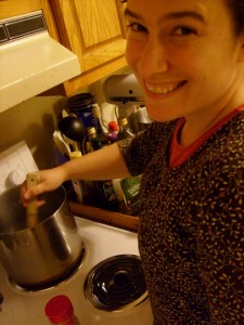 Me stirring the cod chowder