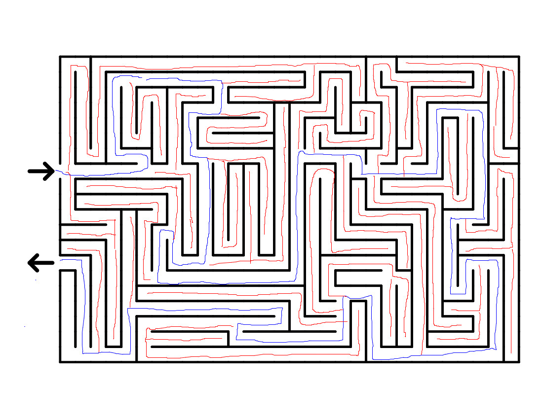 Maze with True and False Paths The final maze design with true path shown in blue and false paths in red.