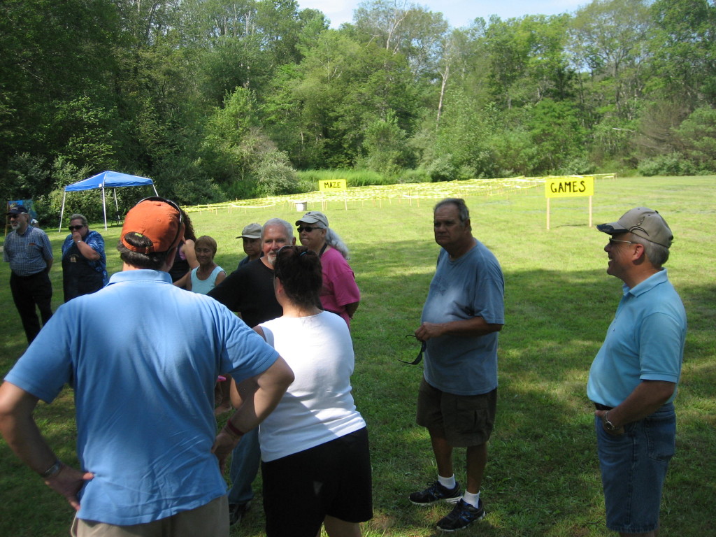 The church crew gathers to meet and pray. The maze is in the background
