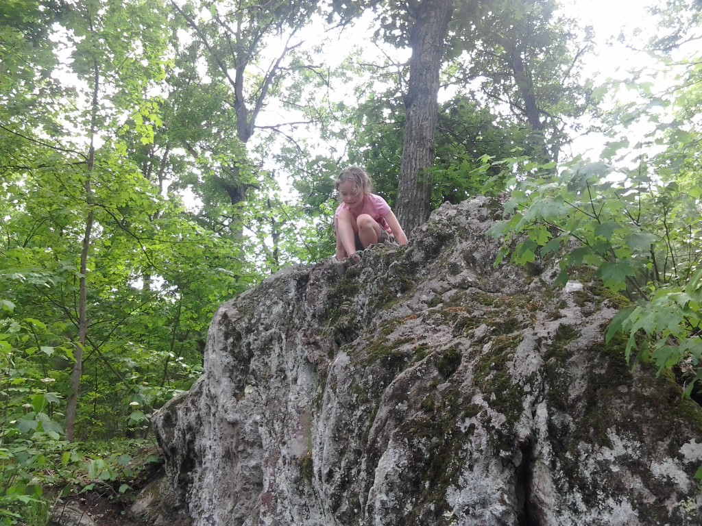 K peeking over the edge of a rock at WWI park in N Attleboro