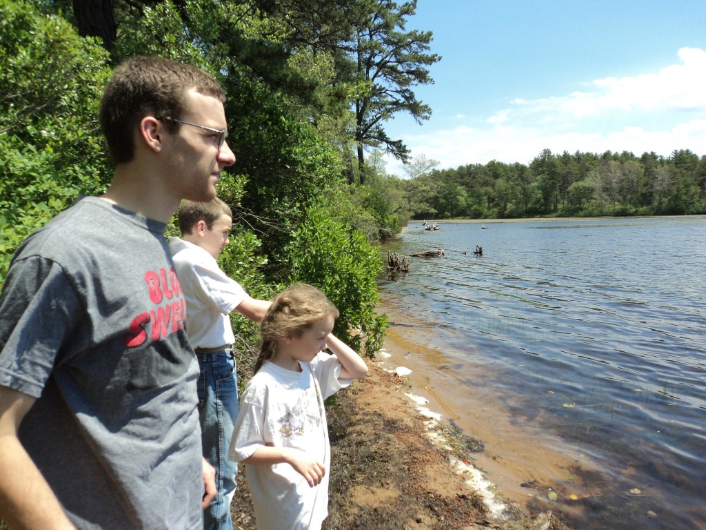 Ben, K and M looking at the pond