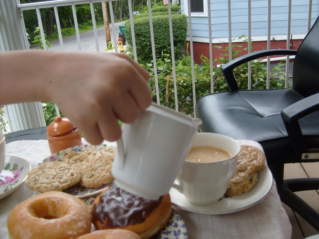 close up of the tea, doughnuts, and carefully saved gluten free cookies (Chris hid them in the freezer.)