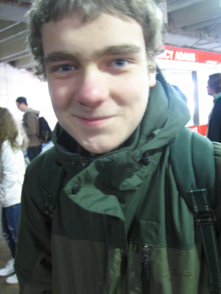 Matt looking cold but cheerful heading to the Boston Flower Show